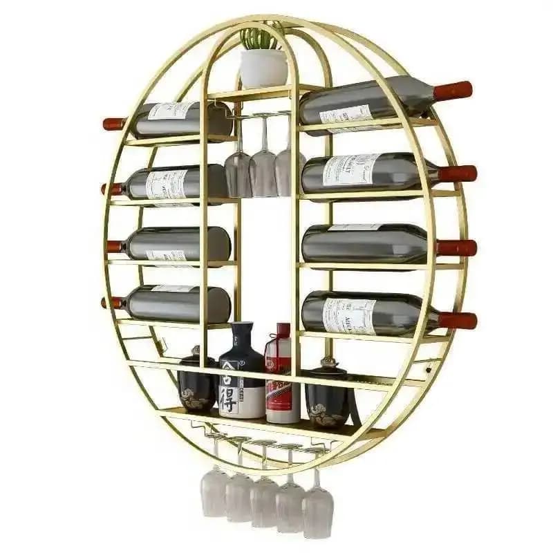 Portabottiglie moderno nordico rotondo a parete Portabottiglie per la casa Mobili con portabicchiere per vino Armadietti per vino in ferro dorato di lusso