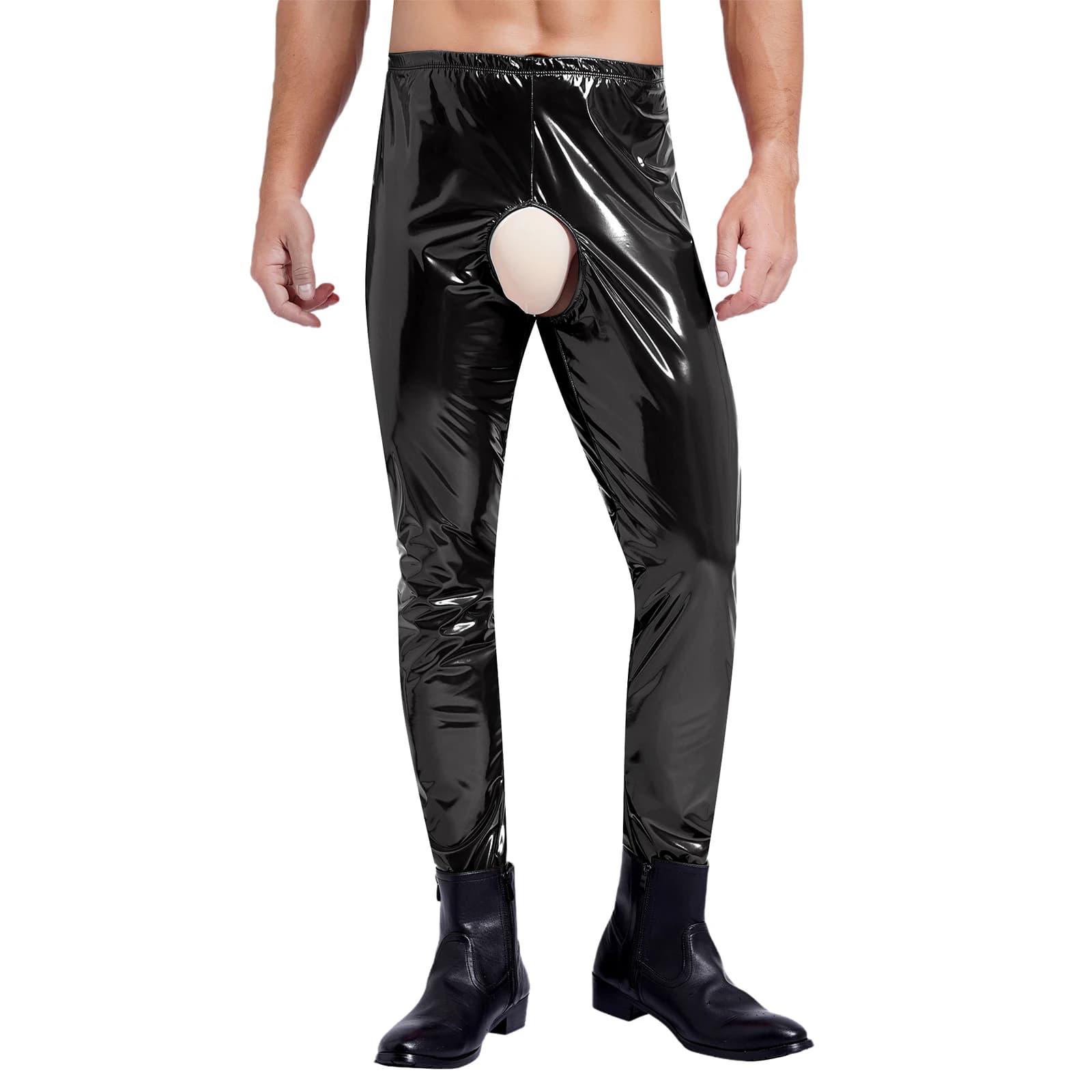 Men's Sexy Crotchless Pants High Waist Leggings in Patent Leather Wet Effect Pants With Horse Opening Pole Dancing Clubwear Nightwear