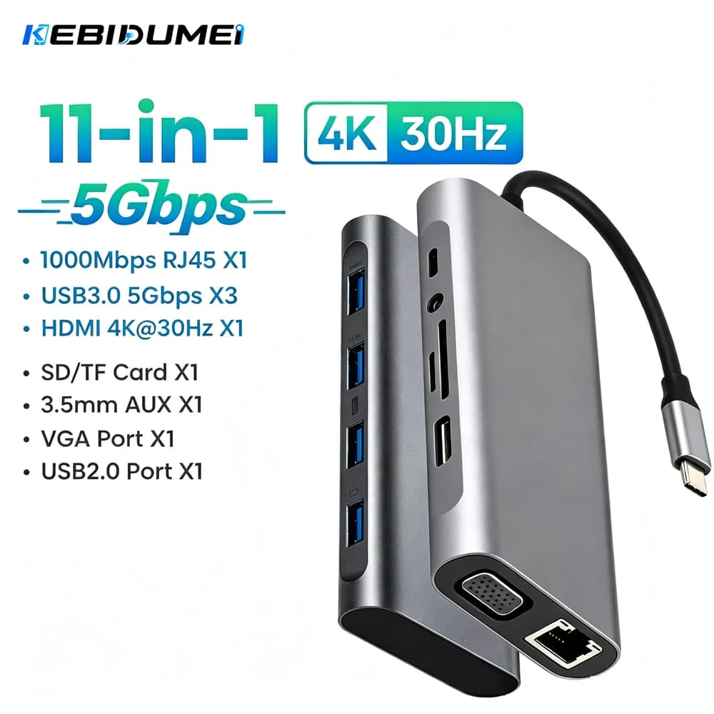 KEBIDUMEI 11 in 1 USB C HUB 1000Mbps Gigabit Ethernet Network Card USB3.0 Docking Station Type C HDMI PD100W VGA Adapter for PC
