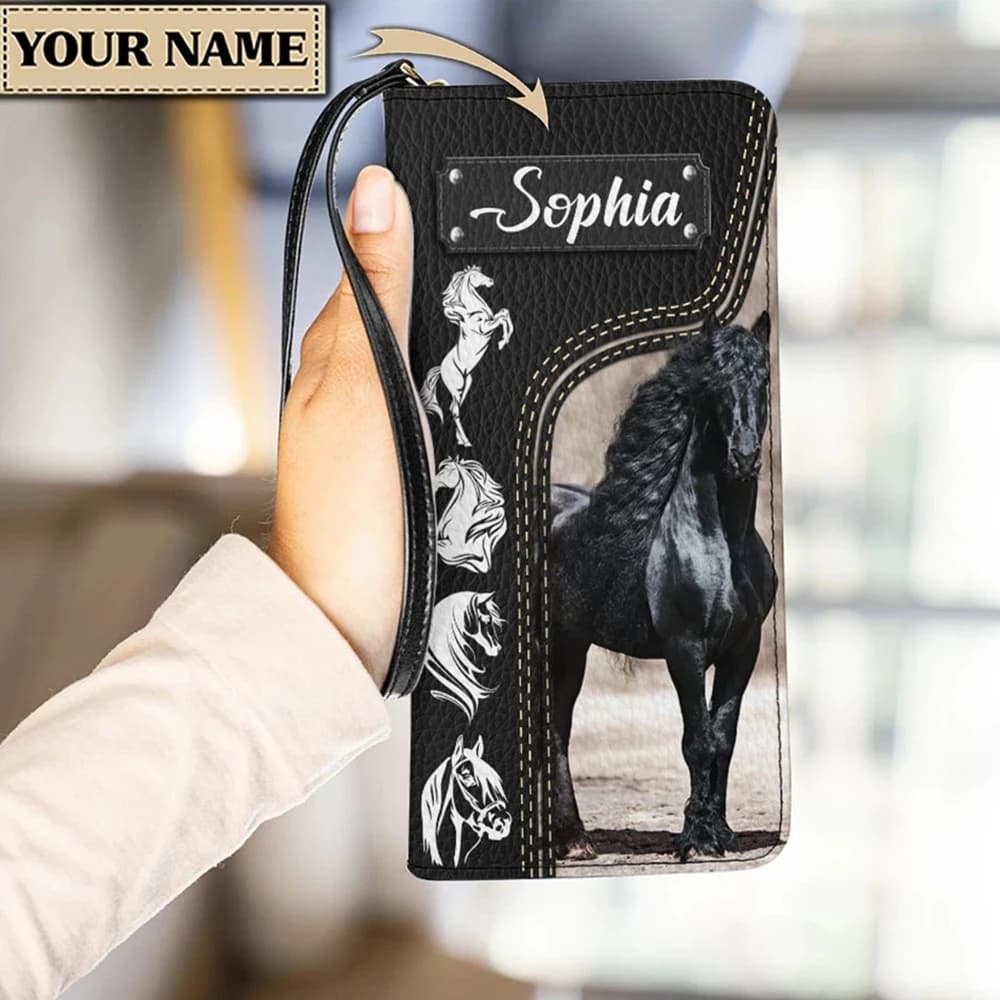 Women's Long Wallet Black with 3D Print Horse, Wallet, Long Card Holder, PU Leather Pouch, Money Bag, PU Leather Case