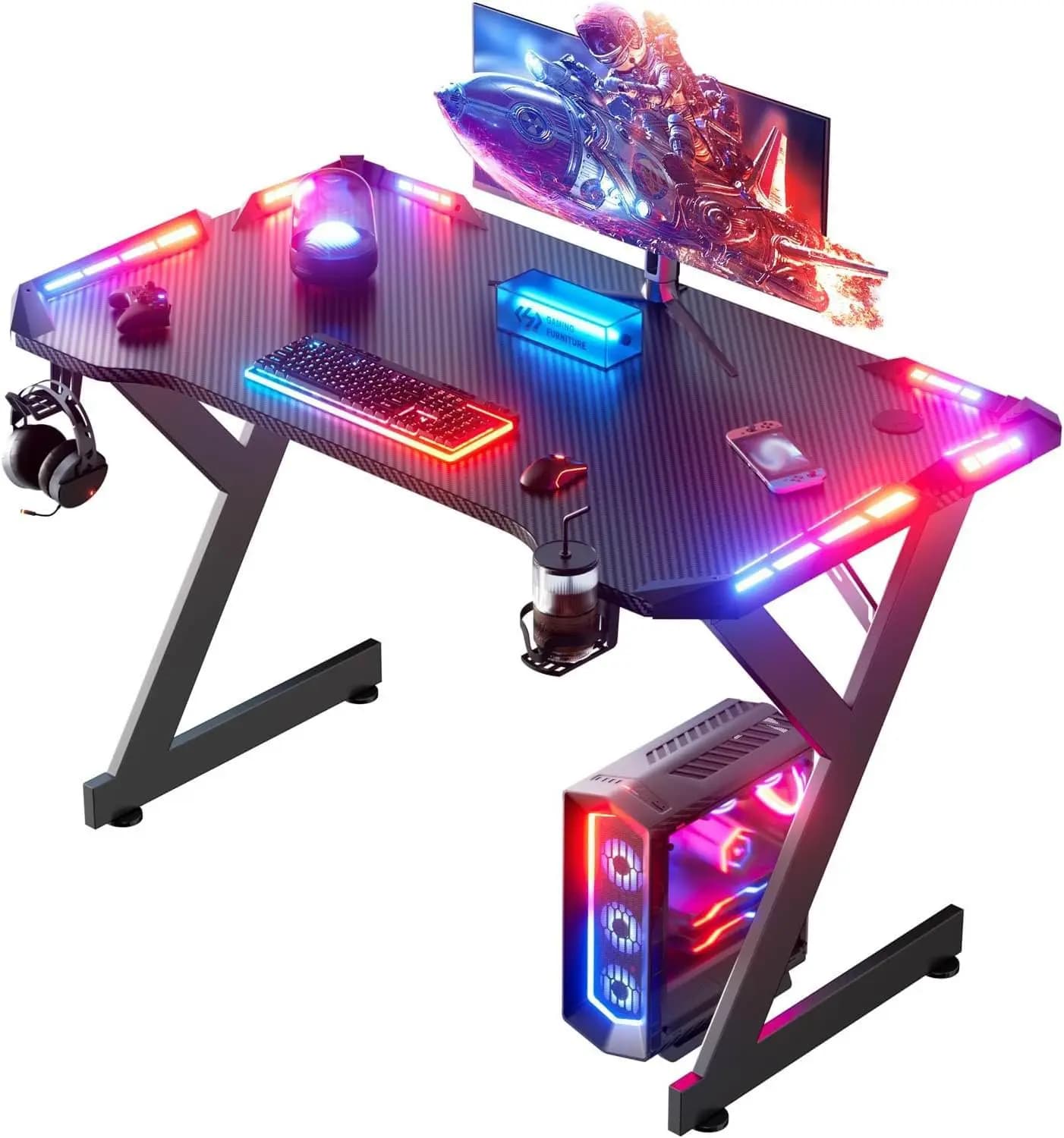 Scrivania da Gaming da 40 Pollici con Luci LED, Scrivania Ergonomica per Ufficio e Casa, Tavolo per Computer con Ampia Superficie in Fibra di Carbonio, Personalizzabile