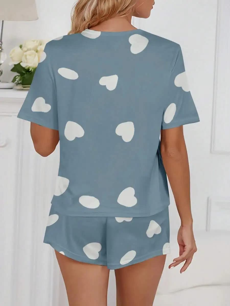 2pcs Women Heart Print Pajama Set Short Sleeve Top And Shorts Sleepwear Light Blue