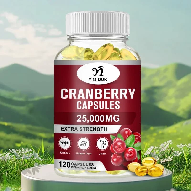 Red cranberry capsule supplement 500 mg with vitamin C for immune and antioxidant support, blend of red blueberries for urinary tract health