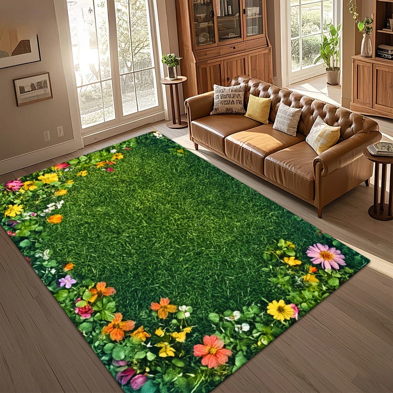 3D Green Grass Flower Area Rug Non-slip Soft Floor Mat Nature Landscape Carpet for Living Room Bedroom Garden Style Home Decor