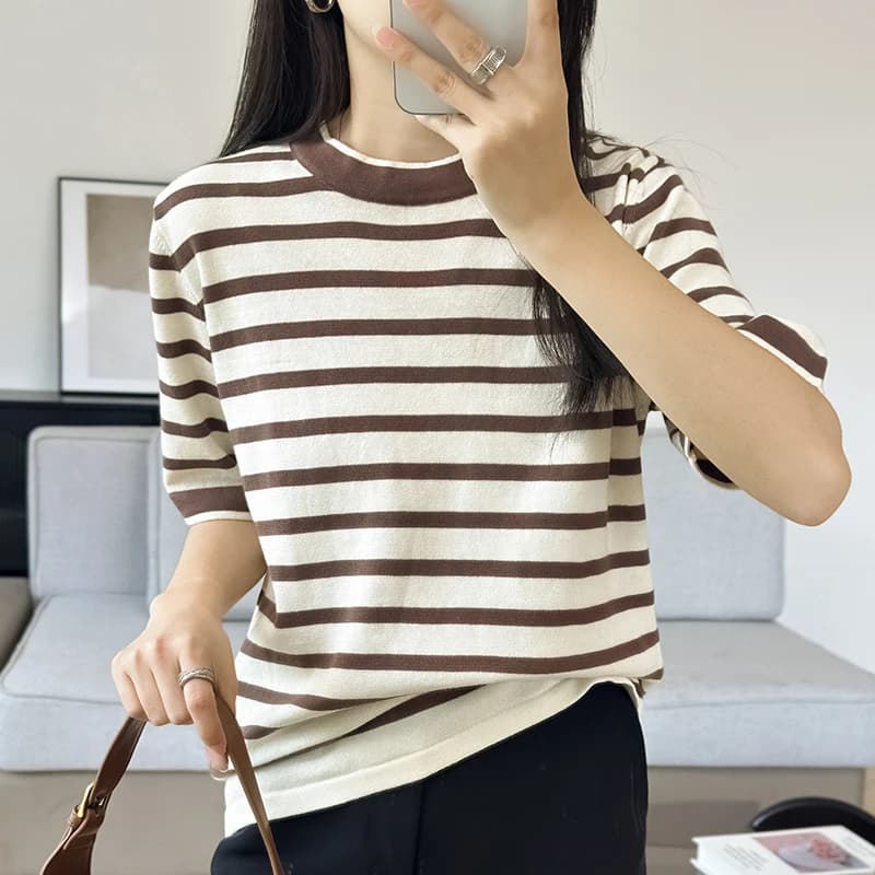 Estate nuovo 100% puro cotone lavorato a maglia a maniche corte casual T-shirt da donna girocollo allentato Tees pullover a righe Top cool