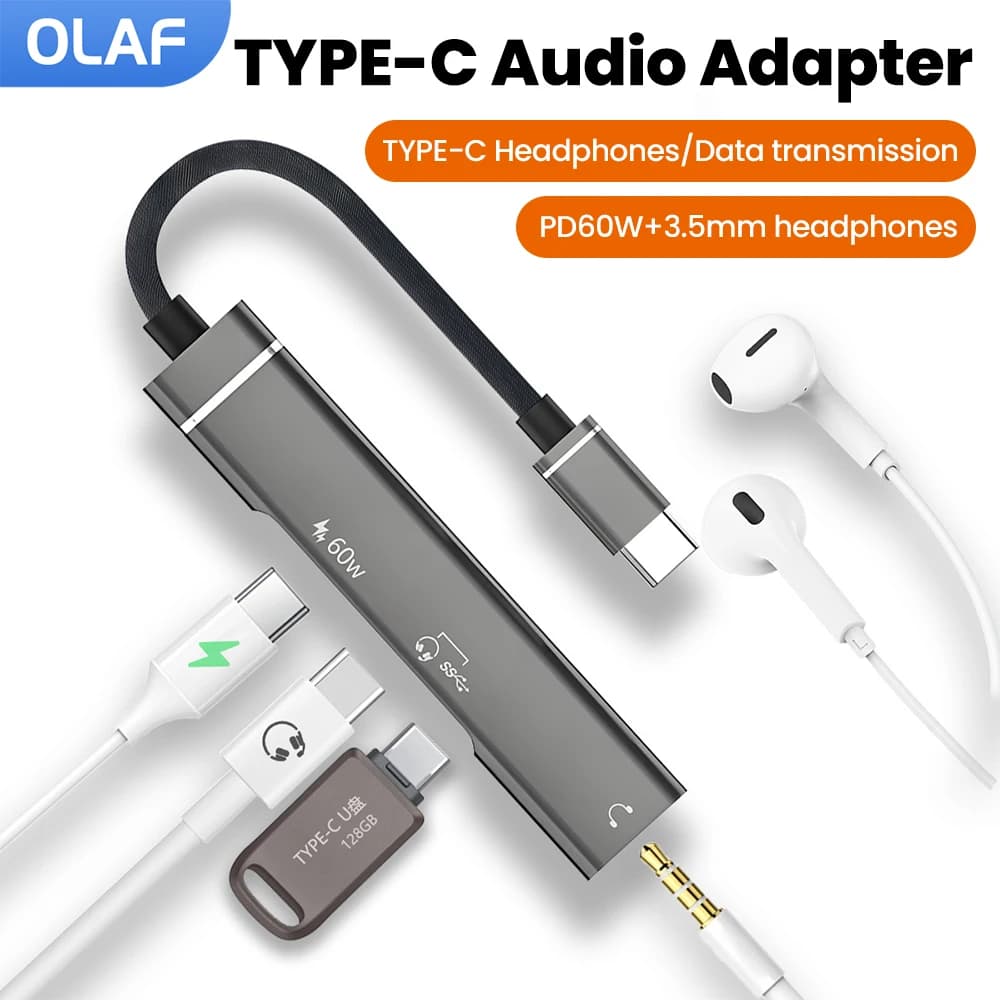 Type-C 3-in-1 splitter hub: Audio adapter from Type-C to Type-C/3.5mm with PD60W charging for iPhone 17, 16, 15, Samsung