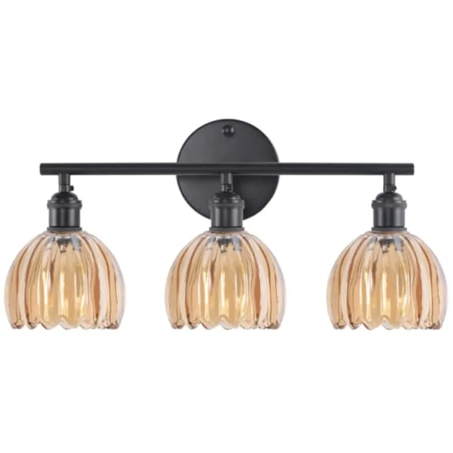 Lampada da parete nera per bagno, sopra lo specchio, con paralume in vetro ambrato a forma di tulipano, per camera da letto e soggiorno (lampadina non inclusa)