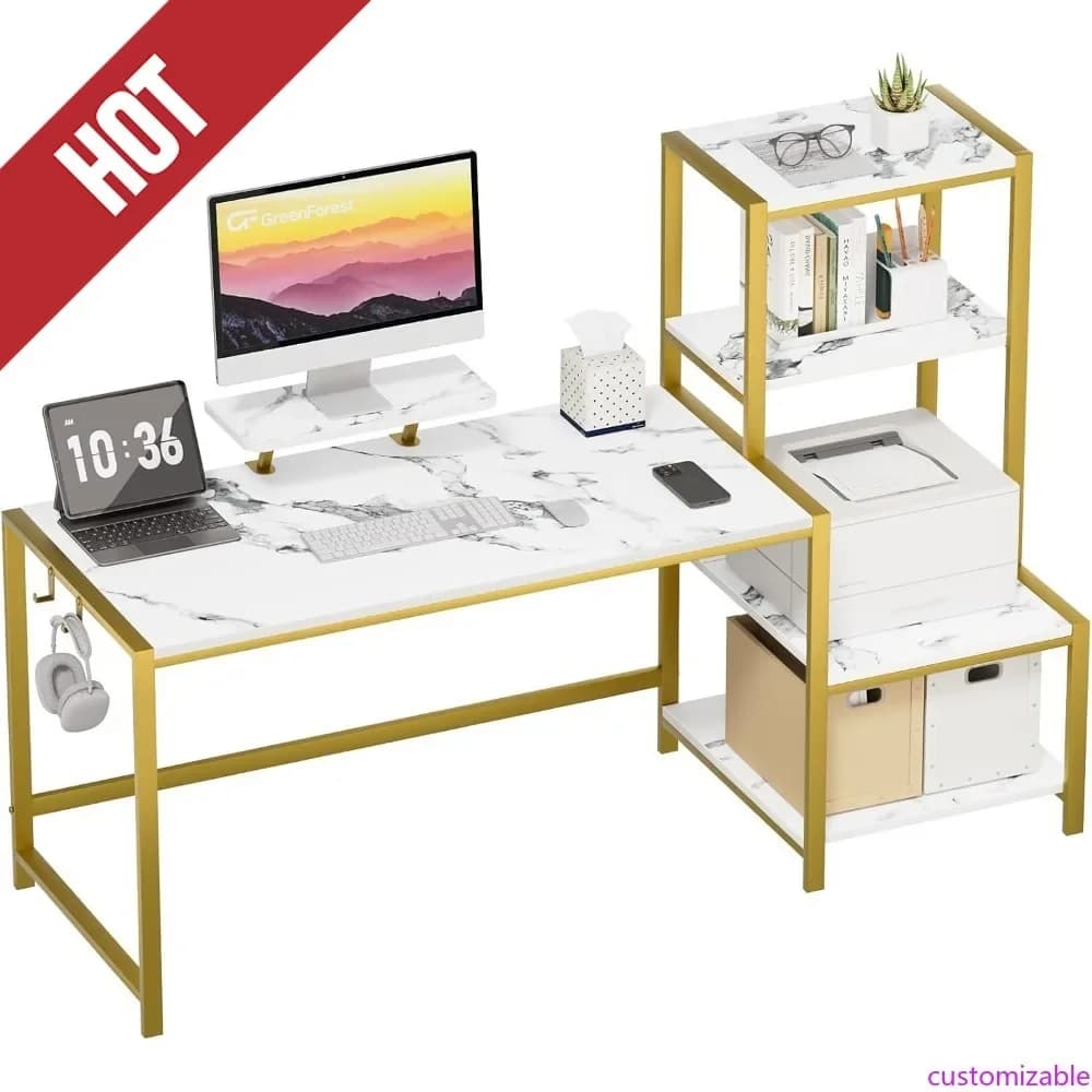 67 Pollici Custom Computer Desk with Printer Board, Reversible Office Desk with Monitor Support and 2 Hooks, Home Work Desk