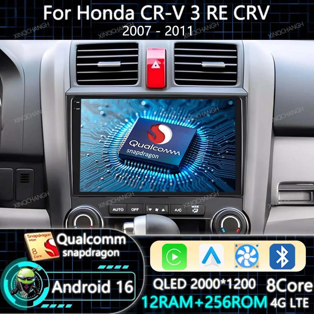 Android 16 Car Radio For Honda CR-V 3 RE CRV 2007 - 2011 QLED Multimedia Stereo Video Player Head Unit BT 2DIN Carplay Auto GPS