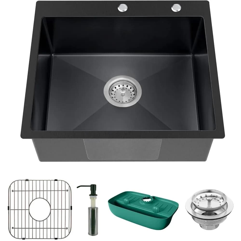 Lavello da cucina nero in acciaio inossidabile con montaggio superiore, vasca singola, lavabo combinato con dispenser di sapone a griglia, tappetino per rubinetto, filtro di scarico