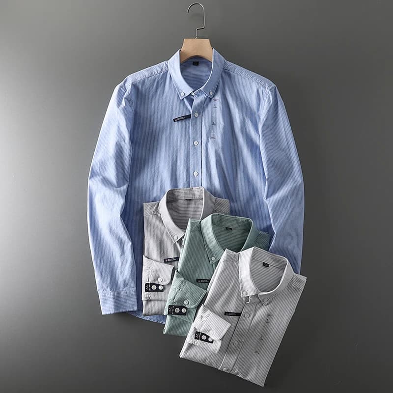 Camicia da pendolare casual da uomo, moda, lavoro di nozze, tinta unita, tutto in cotone, con risvolto gessato, tessuto Oxford, versione coreana