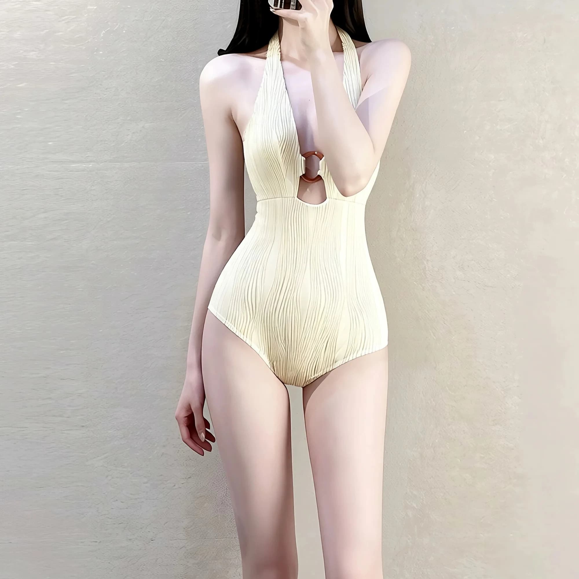 Costume da bagno termico da donna sexy con scollo a V profondo, design pieghevole, con dettagli traforati, modellante, per seno piccolo