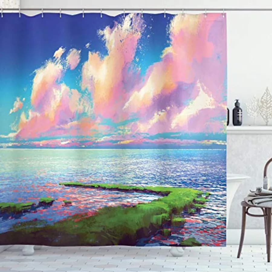 Tenda da doccia Ambesonne con paesaggio, stampa artistica a olio di un mare dopo un percorso su roccia muschiata sotto un cielo colorato con nuvole pastello