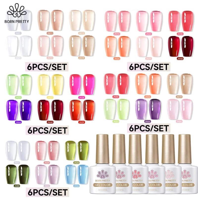 BORN PRETTY6Pcs 10ML Set di smalti gel per unghie Gelatina di colore rosa nudo Soak Off Gel Smalto per unghie o Home & Salon Nail Art Design