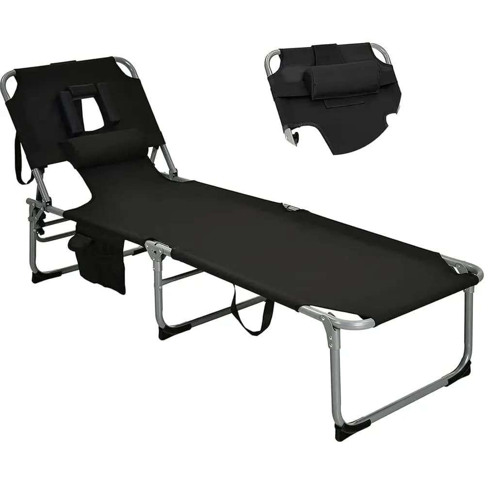 Sedia a Sdraio da Spiaggia Regolabile a 5 Posizioni con Braccioli e Supporto per Braccia, Cuscino Rimovibile, Sedia Portatile per Esterni e Bordo Piscina in Nero