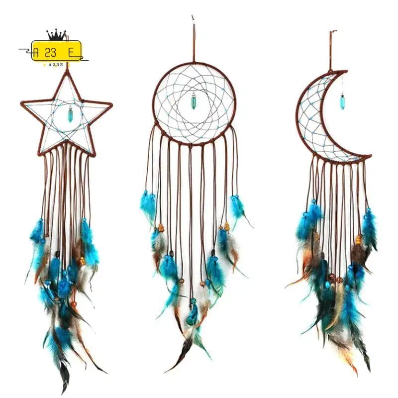A23E-3 Pieces Dream Catcher With Light Moon Star Design Handmade Feather Lucky Turquoise Pendant Beads Wall Hanging Ornament