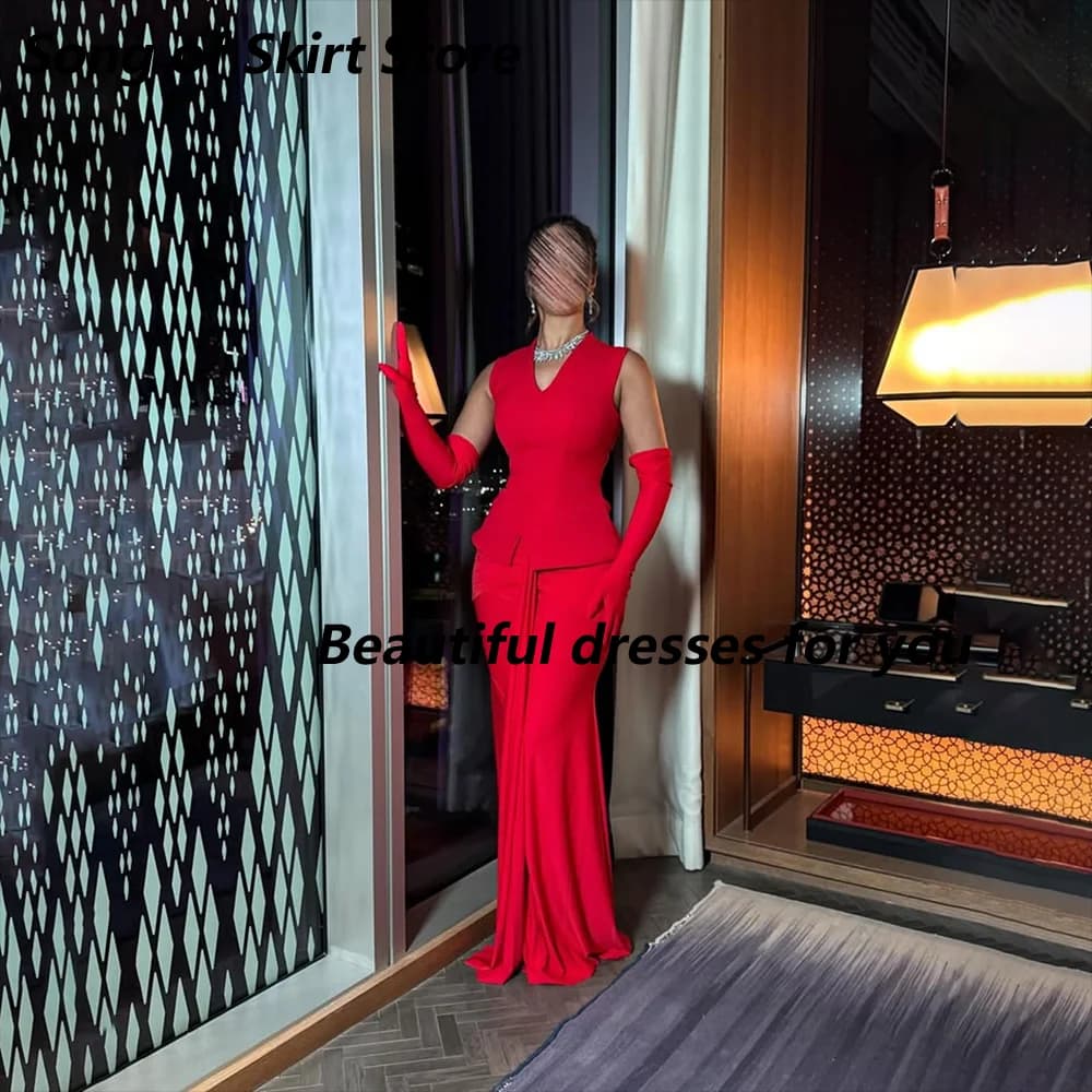 Elegant Red Evening Dress Customized Sleeveless V-Neck Pleated Floor Length Skirt Formal Party Gown Women Wedding Guest Dress