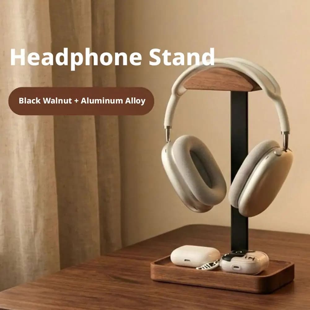 Wood Headphone Stand Desktop Organizer With Storage Tray Headset Holder For AirPods Max Over‑Ear Headphones Desk Display Rack