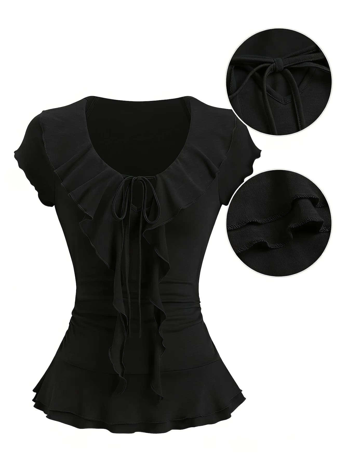 Women's Elegant Retro Ruffle Collar Tie-Waist Pleated T-Shirt for Commuting, Casual Outings, and Vacation (Summer Solstice)