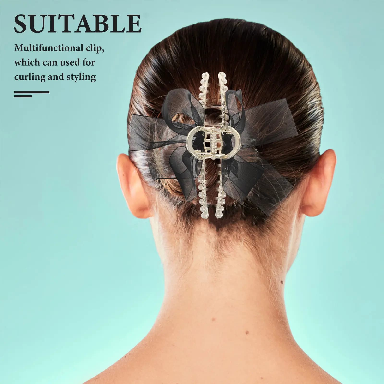 Large Black Bowknot Hair Claw Clip Elegant Faux Pearl Decorative Ribbon Mesh Shark Hair Clamps for Secure Hairstyling