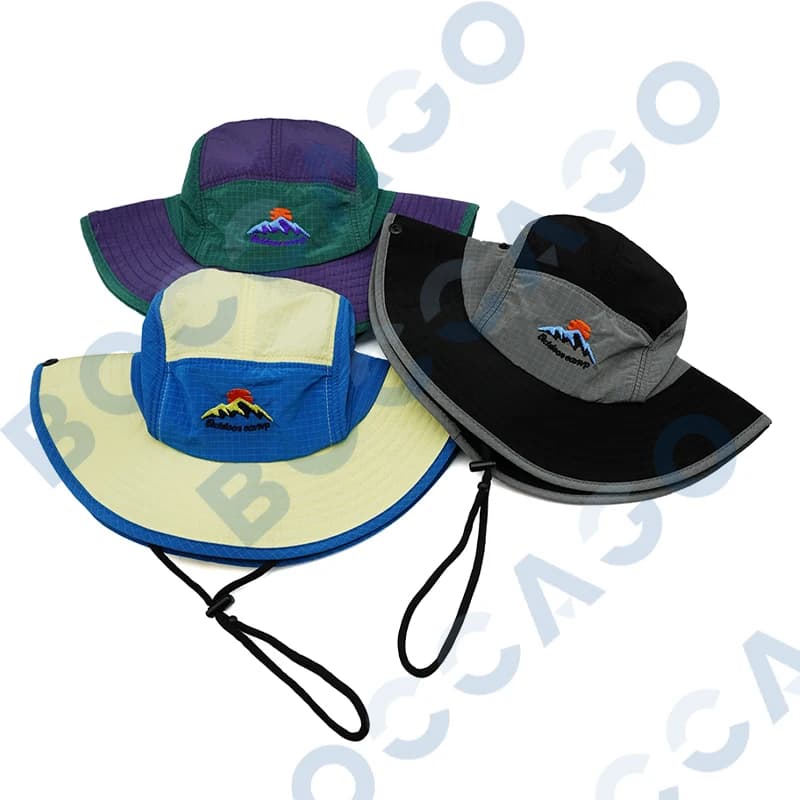Cappello da pescatore ricamato con protezione UV, cordino e asciugatura rapida, impermeabile, per uomo e donna, ideale per escursioni, campeggio e protezione solare.