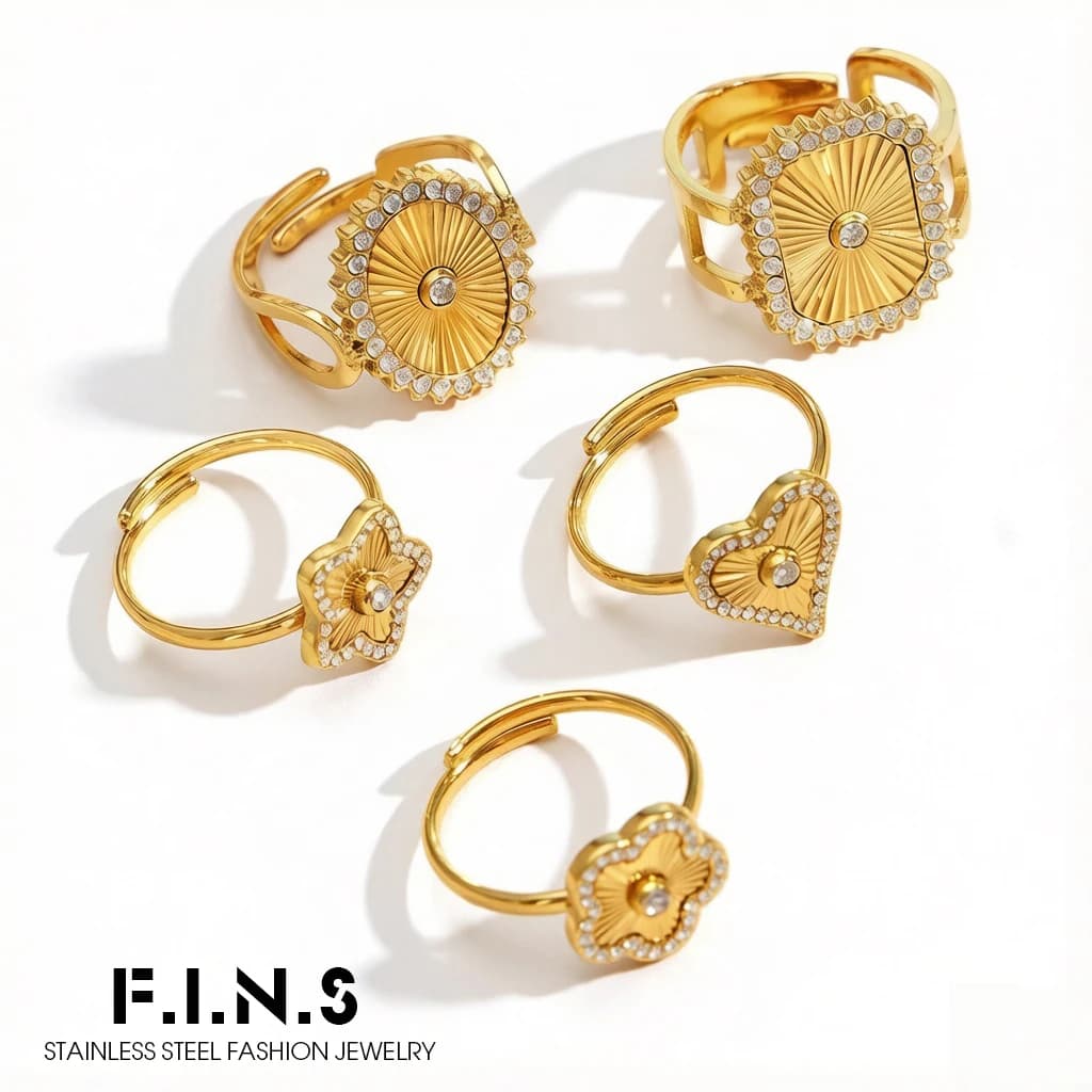 F.I.N.S Stainless Steel Zircon Rings for Women Waterproof Index Adjustable Heart Star Flower Golden Plated Luxury Finger Jewelry