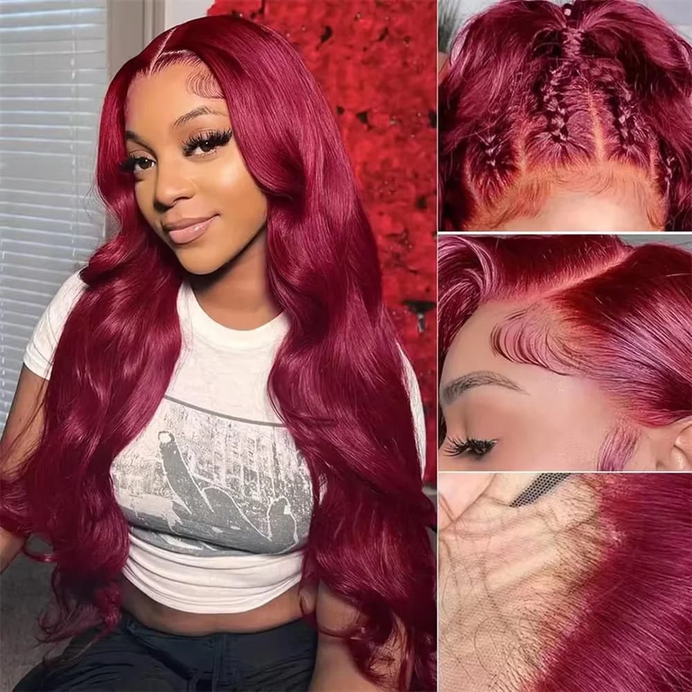 34 Inch 99J Burgundy Colored Body Wave Human Hair Wig 13x4 Full Frontal HD Transparent Lace Wig for Women