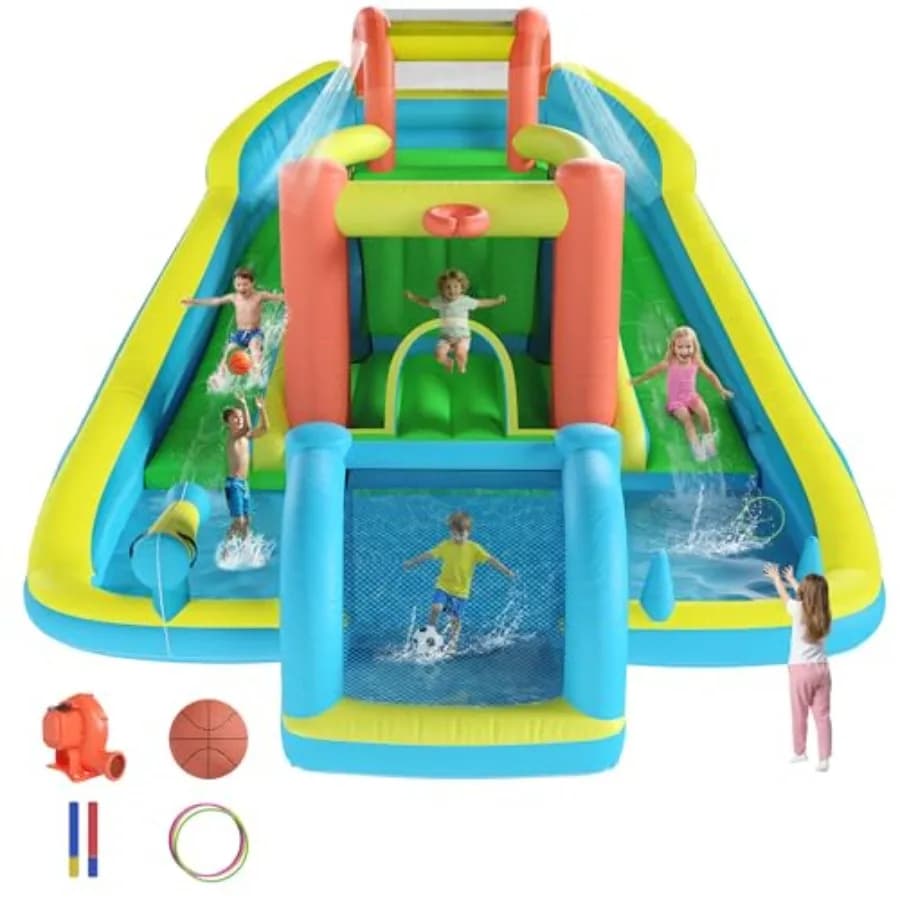 Castello Gonfiabile con Doppio Scivolo per Bambini 3-12 Anni, con Ventilatore, Cannone ad Acqua, Rete da Calcio, Parete da Arrampicata