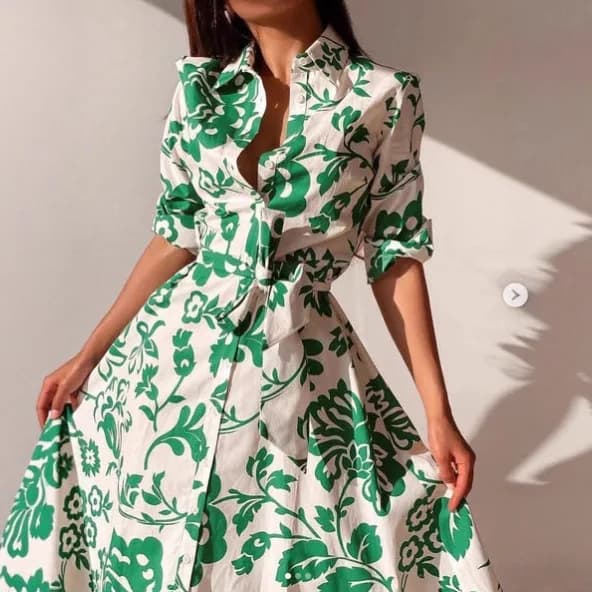 Abiti lunghi stampati da donna Abito camicia a maniche lunghe che abbraccia la vita Primavera Autunno Casual Lady Office Holiday Abiti Abito Robe