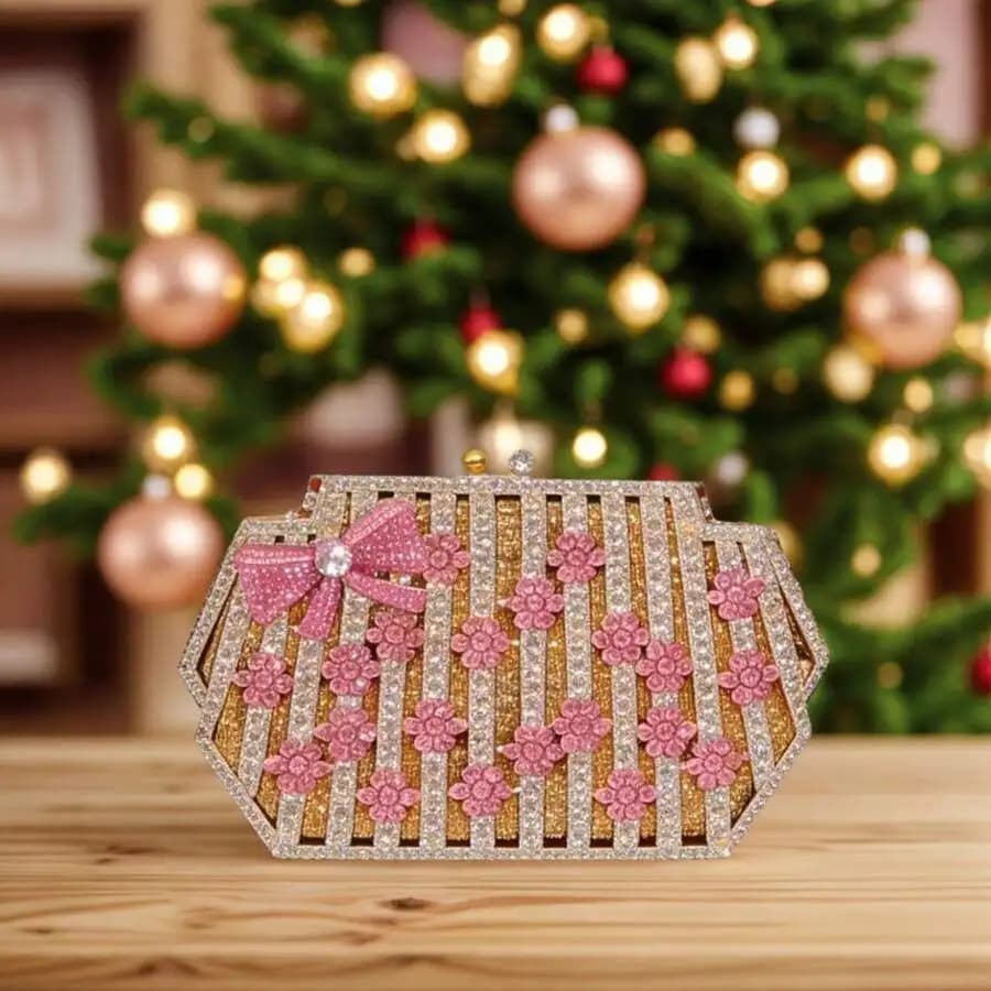 Women Floral Rhinestone Clutch Evening Bag With Bow Decoration For Wedding Party