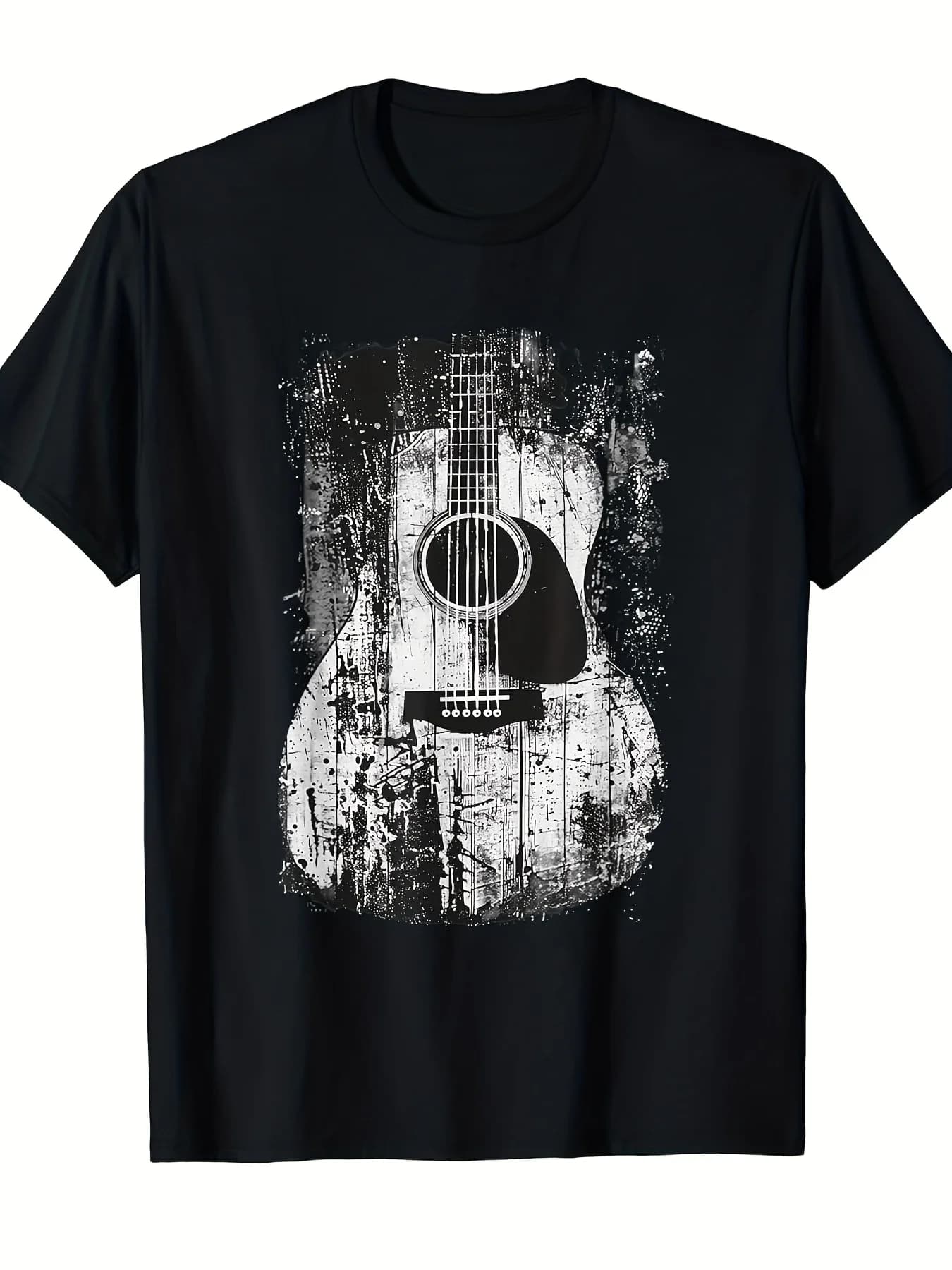 T-shirt da uomo vintage rock & roll con chitarra acustica, 100% cotone, effetto invecchiato, con grafica iconica di chitarra, traspirante