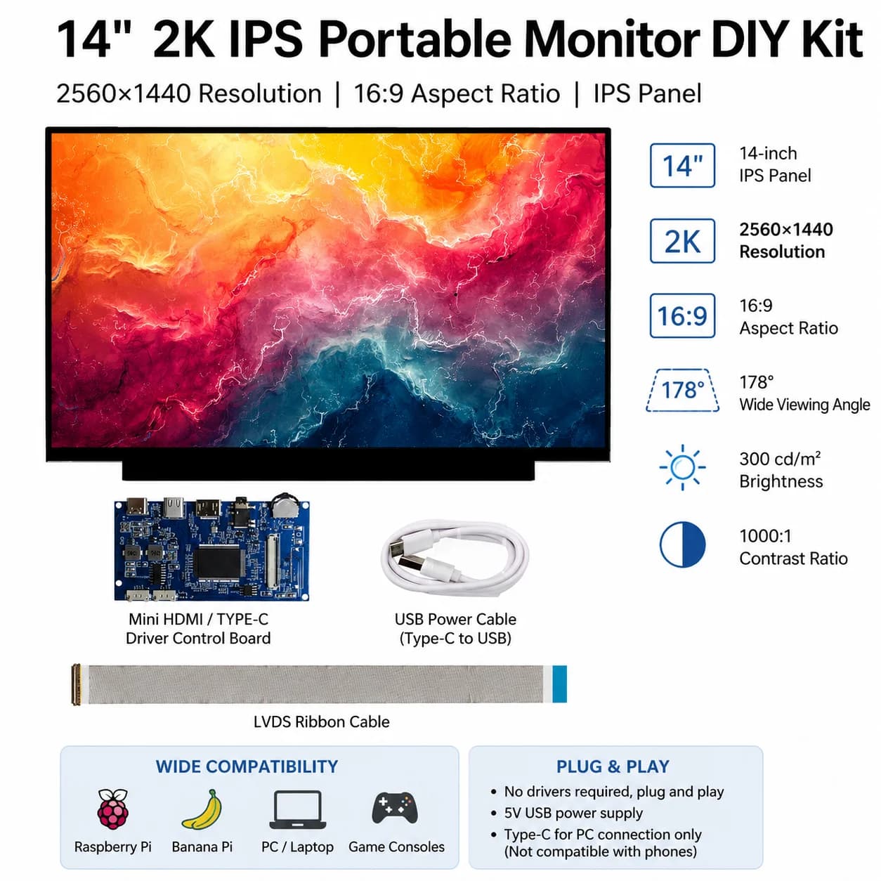 Kit scheda driver controller display schermo LCD QHD da 14 pollici 2K monitor HDMI portatile 2560x1440 per PC portatile Raspberry Pi