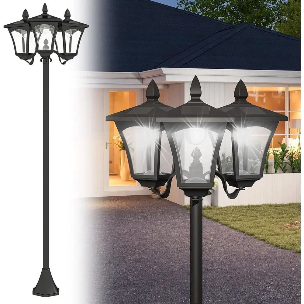 Lampione Vintage da Esterno a Tre Teste in Acciaio Inossidabile Resistente alle Intemperie, 183 cm di Altezza, per Giardino, Prato, Vialetto - Nero