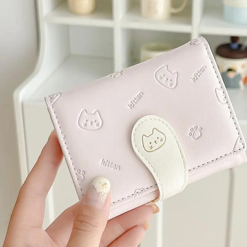 Short‑style wallet with embossed kitten patterns, simple multi‑card slots card holder, cute purse for women.