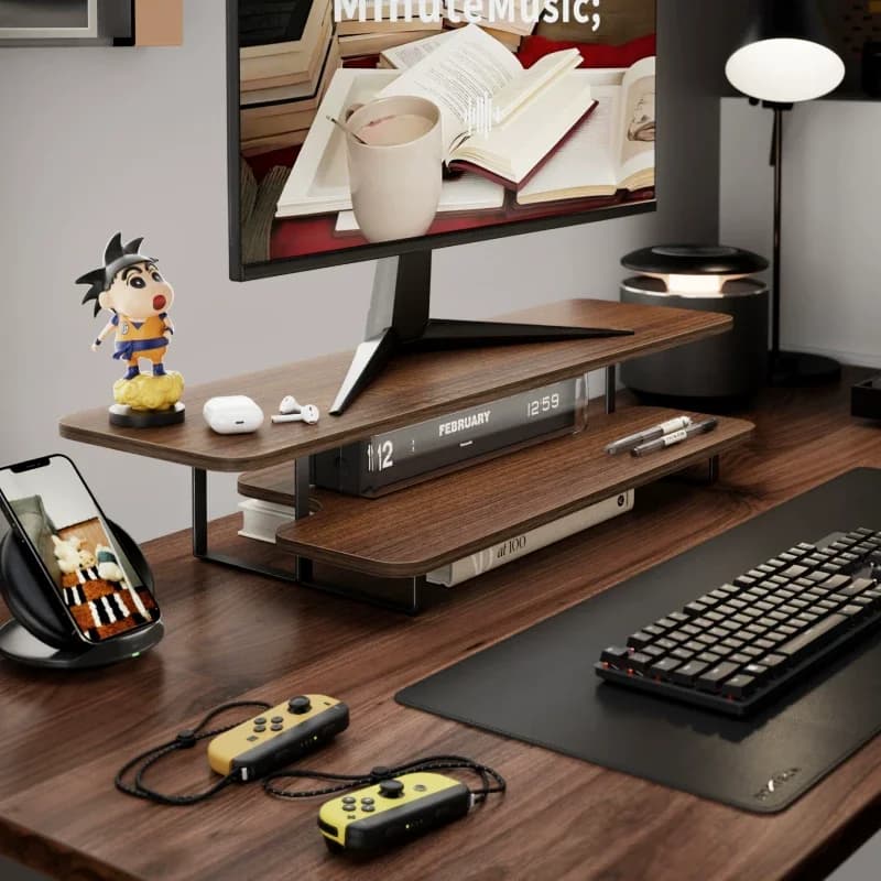 Supporto per monitor a doppio strato con finitura in noce Organizzatore ergonomico per tastiera da scrivania per computer per ripiano salvaspazio per laptop
