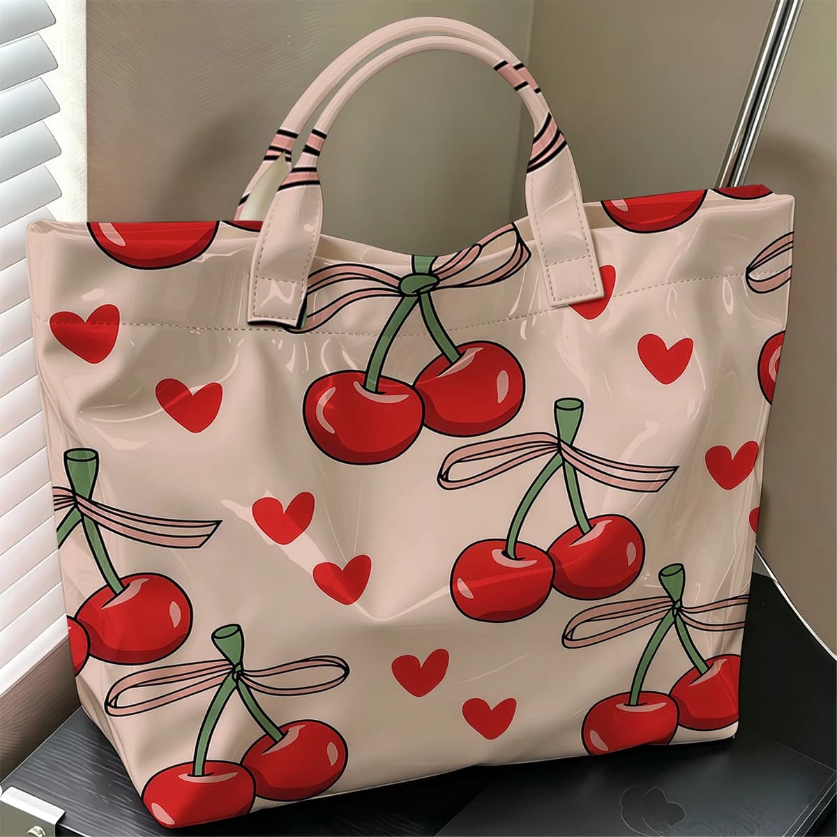Cherry Ribbon Hot Sale Large Glossy PVC Tote Bag Hand Washable Waterproof Great for Travel Commute Makeup Storage Handbags
