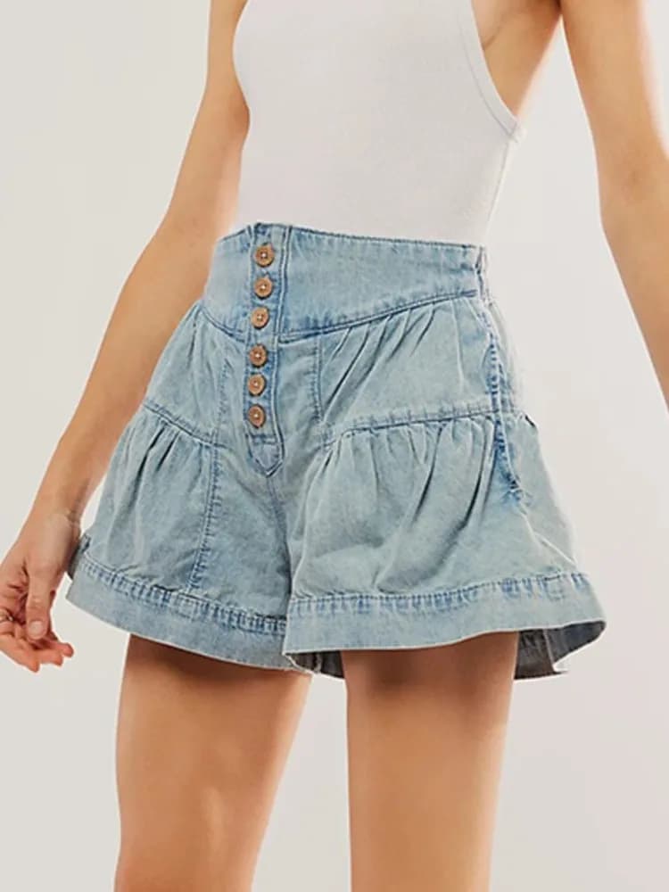 Jeans da donna estivi Pantaloncini di jeans lavati eleganti Vita alta Volant larghi Pendolarismo Tinta unita Decorazione con bottoni a linea All-match