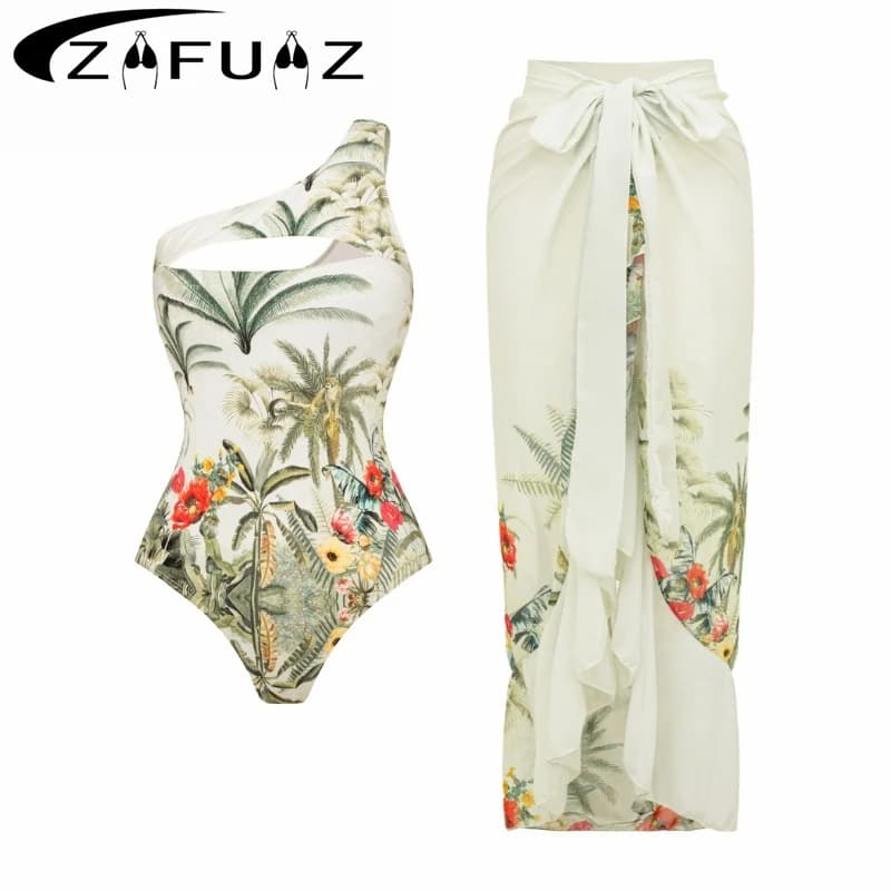 ZAFUAZ High Quality New Print One Piece Swimsuit with Skirt Women Swimwear Sexy Bathing Suit Monokini Beach Bodysuit Beach Wear
