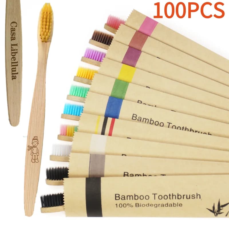Bamboo Toothbrush 100 pcs Eco-friendly Reusable Toothbrush Adult Wood Soft Toothbrush Logo with Custom Laser Engraving