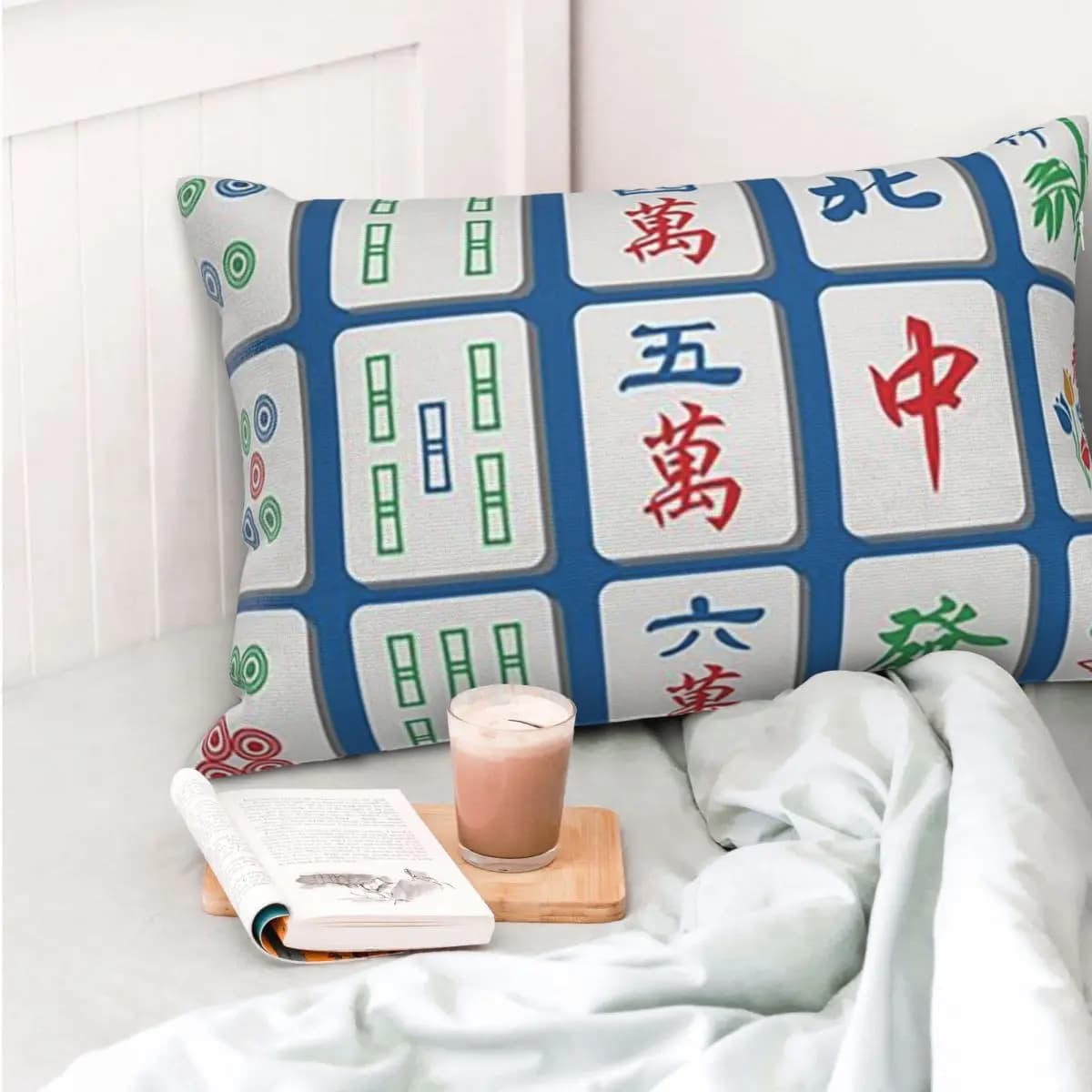 Fodera per cuscino rettangolare blu con motivi Mahjong, decorazione per camera da letto, letto, casa, cuscino confortevole