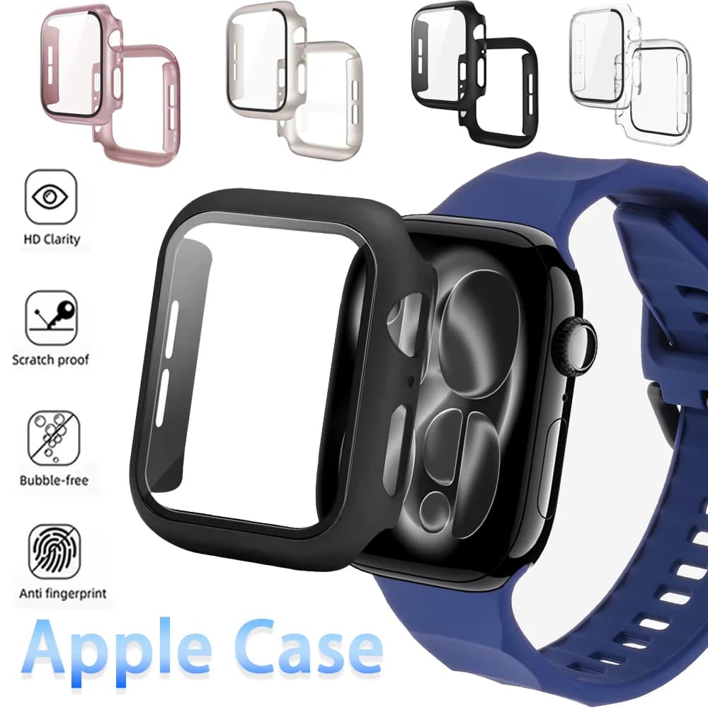 Custodia in vetro+PC per Apple Watch Ultra 3 2 49mm 11 10 46mm 42mm, protezione schermo e cover per iWatch 9 8 7 6 5 4 SE 45/41mm 40/44mm