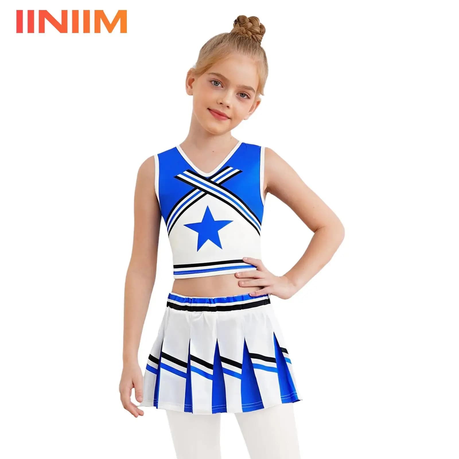 Girl cheerleader costume, cheerleader uniform, top with print and matching skirt for school celebration sports meetings