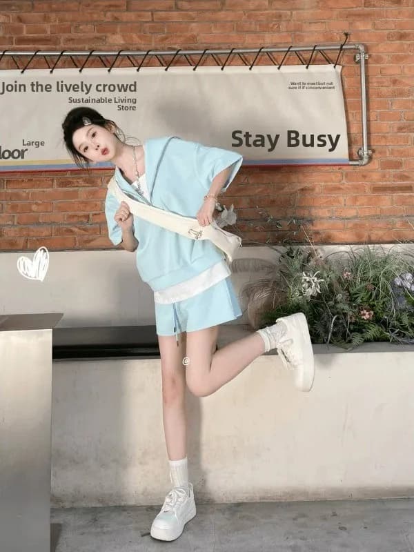 plus Size Sportswear Set Short Sleeve Patchwork Two Piece Suit for Women Summer High Waist Shorts Breathable Casual Outfit