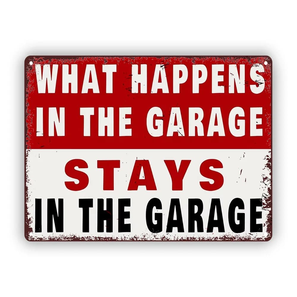 [Insegna in metallo a tema garage] Targa in ferro vintage, decorazione da parete "What Happens In The Stays Garage", cartello di alta qualità, f
