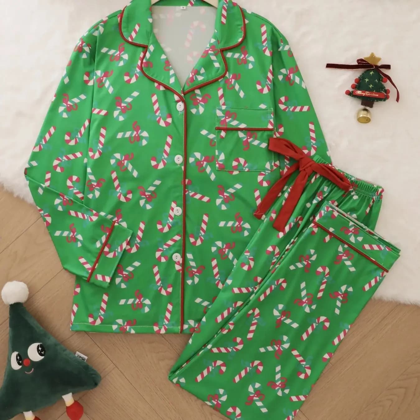 Pigiama natalizio con stampa di caramelle a forma di bastoncino, a maniche lunghe e pantaloni lunghi, set due pezzi da donna, casual e adatto per l'uso all'aperto.