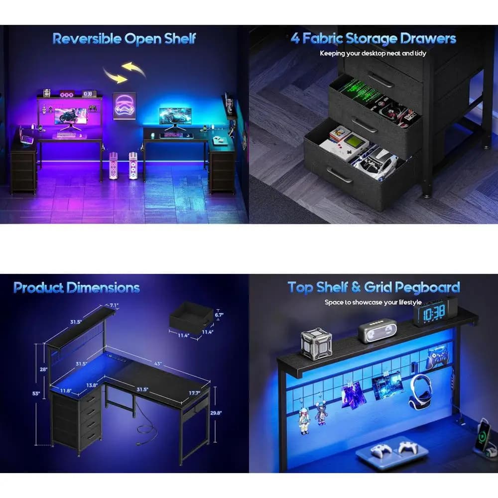 Scrivania da Gaming Compatta a L con Luce LED, Prese di Corrente e Porte USB per Spazi Ristretti - Nera