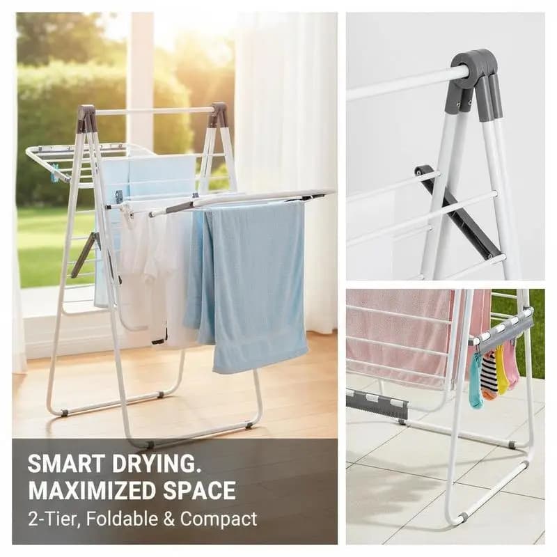 2-Tier Foldable Laundry Airer 60"x24"x42" For Balcony Living-room Dormitory, Height Adjustable 21 Drying Rods Sock Clips Space-Saving Metal White Standing Clothes Horse