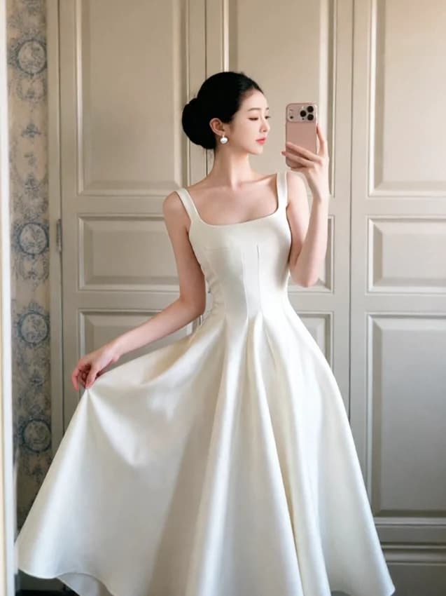 Elegant Sleeveless Strap Wedding Dress Luxury Slimming Evening Gown for Engagement Party Host High Waist Korean Style