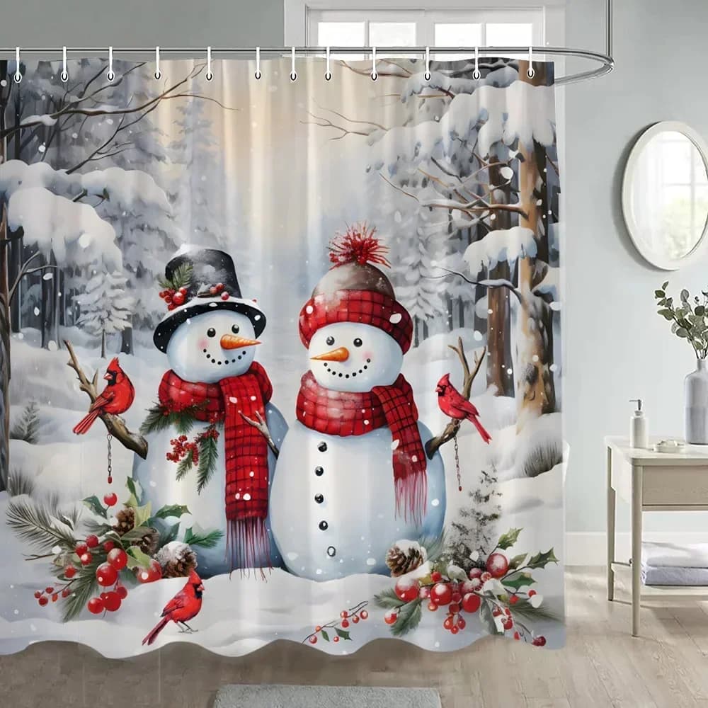 Tenda da doccia natalizia con pupazzo di neve Foresta invernale Bacche rosse Uccelli Scena innevate Tende da bagno natalizie Tessuto appeso a parete Decorazioni per il bagno