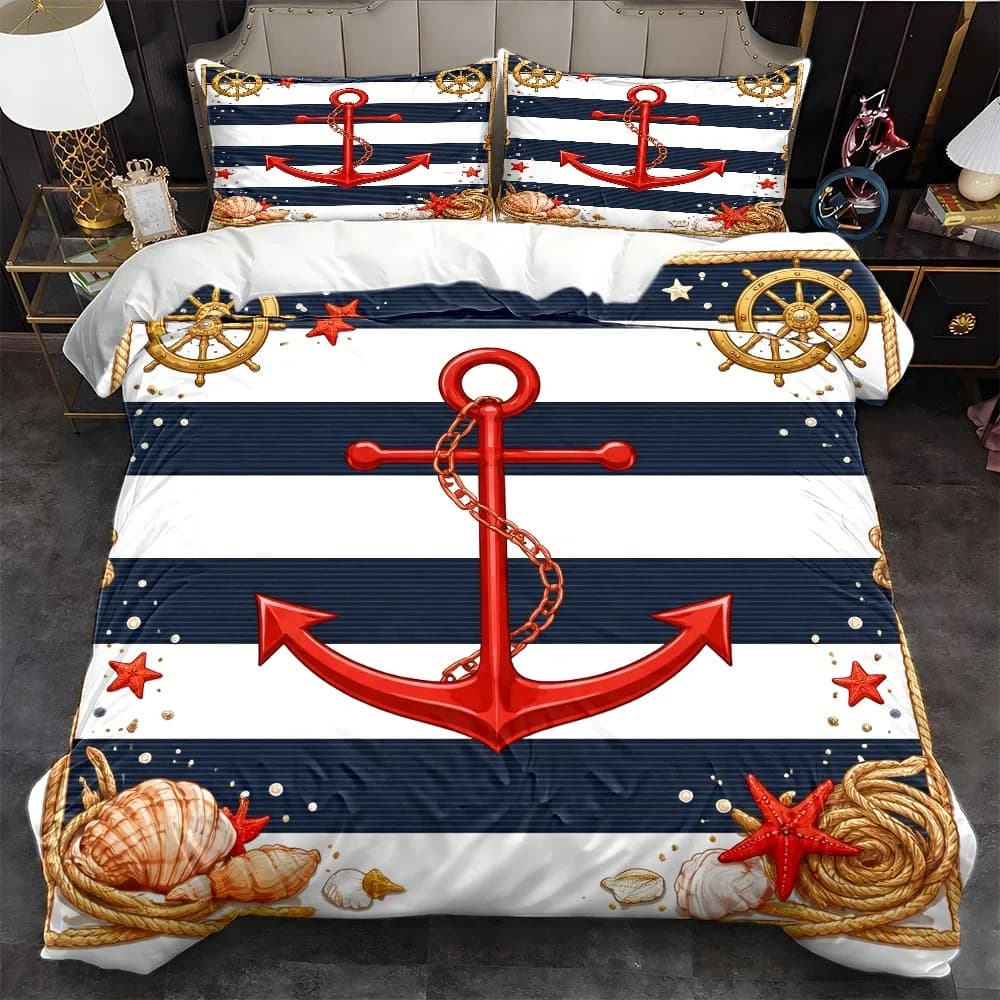 3Pc Ocean-Themed Anchor and Rudder Duvet Cover Set, Three-Piece Bedding Set (1*Duvet Cover + 2*Pillowcases), Suitable for All Seasons, Machine Washable, Invisible Zipper Design, Large Double Bed Cover Set, Suitable for Home, Dormitory, Master Bedroom, Guest Room, Includes Shell and Starfish Nautical Elements, Vintage Rope Knot Stripes Bedding, Skin-Friendly and Breathable Bedding Set, Hot-Selling Nautical Style Bedding Three-Piece Set 2D Flat Print